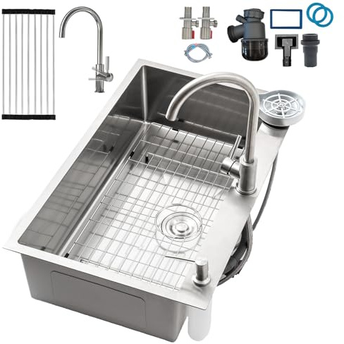 Fregadero Cocina 1 Seno, Acero Inoxidable Fregadero Con Escurreplatos Y Dispensador De Jabón, Fregadero De Cocina Pequeño Con 2 Agujeros Pretaladrados, Fregadero Sobre Encimera O Enrasado(Silver#2,70x