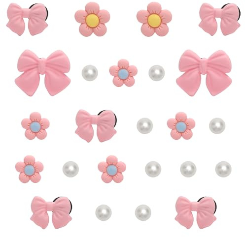 Schuhanstecker Blumen & Schleifen 24 Stück für crocs, Charms Set in Rosa mit Perlen, Crocs Stecker Schmuck für Damen Mädchen DIY Deko, Weiche PVC Anhänger für Sandalen & Clogs