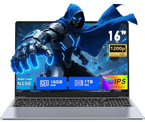 FUNYET Ordinateur Portable de Jeu 16 Pouces, 16GB RAM, 1TB SSD, Win 11 Laptop, PC Portable Processeur N150 (jusqu'à 3,6 GHz), 6000mAh, FHD 1920 * 1200 Notebook, Clavier rétroéclairé