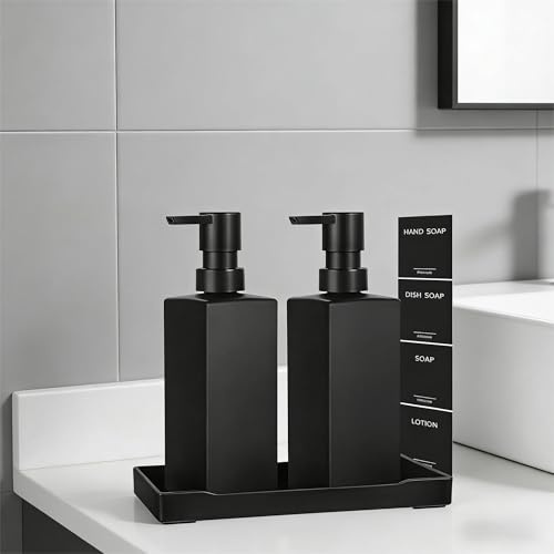 Hulvyzu 2 PCS Distributeur de Shampoing et Gel Douche, 350ml Distributeur Savon Verre, Distributeur Lotion Pompe, Flacon Pompe Rechargeable, Distributeurs de Savon Moussant avec Plateau et 4 Étiquette