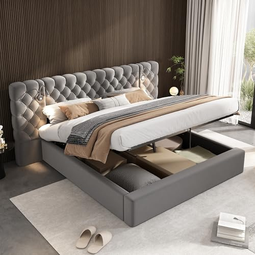 Oslghy Polsterbett Doppelbett 180x200, Stauraumbett mit LED Beleuchtung und Stauraum, Moderno Jugendbett, Hydraulisch Bettgestell mit Breitem & Weichem Kopfteil, Lattenrost, Grau, Samt, ohne Matratze
