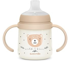 Suavinex, Tasse Apprentissage Bébé, Biberon avec Poignée, Brillent dans le Noir, Gobelet avec Bec Anti-fuites en Silicone, avec Valve Anti-Colique, pour Bébés +6 Mois, Idéal Nuit, 150 ml, Beige