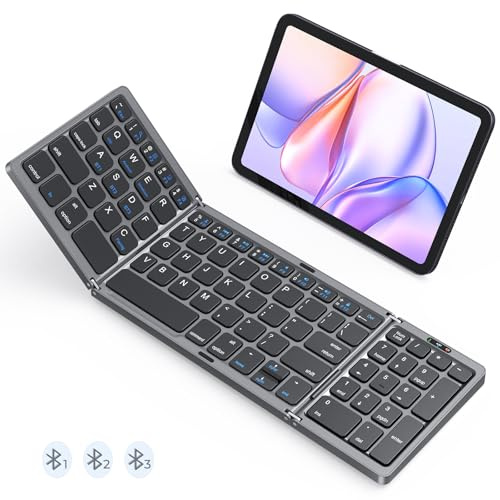 Foldable Bluetooth Keyboard, Wireless Portable Keyboard with Numeric Keypad, Rechargeable Pocket-Sized Travel Keyboard for Windows, iOS, Android Smartphone, Tablet, and Laptop, Support 3 Devices