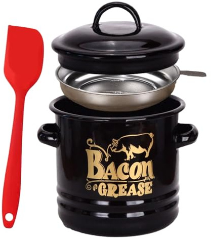 Bacon Grease Container with Strainer and Food-Grade Silicone Spatula, 46 Oz Kitchen Enamel Oil Can with Filter and Scraper Holder for Cooking Frying, Baking, Fat Storage Jar