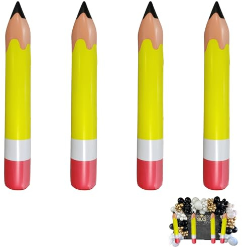 Eowppue Lápiz Inflable Gigante 4 Unidades 70 cm Amarillo, decoración para Vuelta al Cole, Accesorios de Fiesta Escolar, Globos lápiz PVC Reutilizable para Aula, Eventos y Celebraciones Infantiles