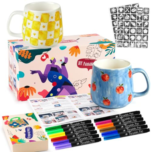 CENOVE Juego de tazas de pintura para adultos, juego de pintura de tazas para principiantes. El juego de pintura de cerámica incluye tazas, pinceles y manual de inspiración para pintar