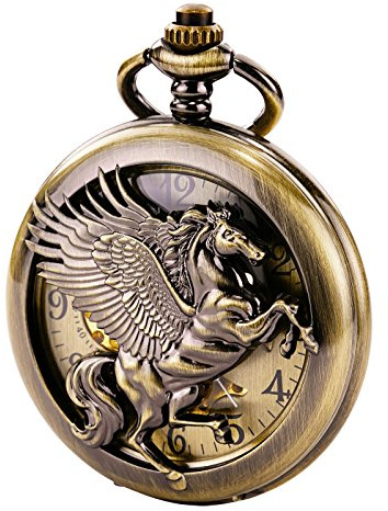 TREEWETO Herren Damen Taschenuhr Pferd Mechanisch Bronze mit Kette | Sprungdeckel, Pferde Motiv, Uhr Damen Unisex, Ohne Batterie, Antike Handaufzug Bewegung, Steampunk Kostüm Zubehör