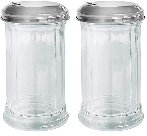 Lucenté Set of 2 Sugar Dispensers - Stylish Retro Glass & Stainless Steel Pourers with Functional Flip Top Opening - 13.5cm (H) x 7.5cm (W) - Suitable for Domestic & Commercial Settings.