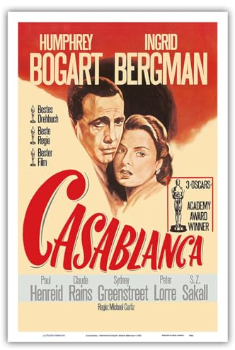 Casablanca - Starring Humphrey Bogart Ingrid Bergman - Vintage Film Movie Poster c.1942 - Master Art Print (Unframed) 12in x 18in