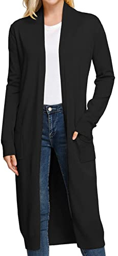 GRACE KARIN Black Long Sweaters for Women Summer Lightweight Cardigan Open Front Long Sleeve Vacation Knit Outfits