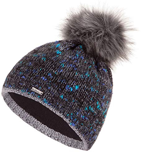 Faera Mütze Damen Wintermütze warm gefüttert mit Kunstfell Bommel-Mütze Fleecefutter Winter Strickmütze Beanie 63