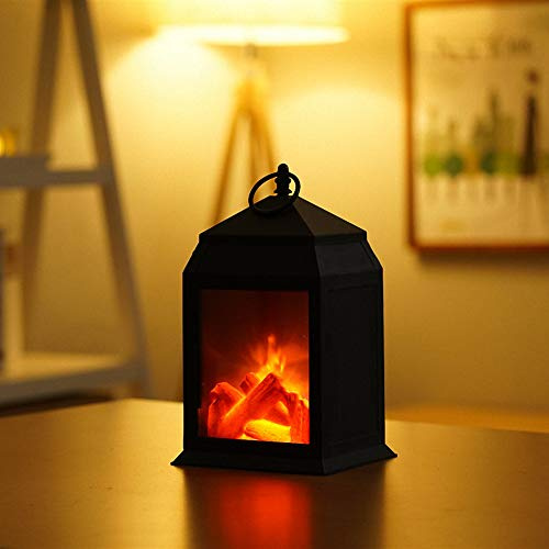 Small Cozy Fireplace Lantern Traditional Realistic Log Wood Burning Flame Effect Ligh LED Charcoal Style Table LampFor Indoor & Outdoor Use