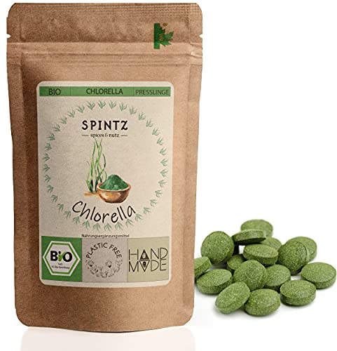 SPINTZ® 200 Stk. Chlorella Bio Presslinge 100% kontrolliert biologischer Anbau | Vegane Tabletten 500mg/Tab | Plastikfrei und nachhaltig verpackte