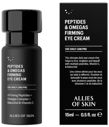 Allies of Skin Peptides & Omegas Firming Eye Cream: Vitamin C, Bakuchiol, Ceramide. For Dark Circles, Wrinkles & Puffiness. Anti-Aging. Firms & Brightens Under Eye Area 0.5 oz / 15 ml