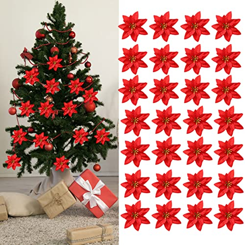 HUIKJI Lot de 50 poinsettias artificielles en soie pour sapin de Noël, décoration de mariage, rouge, Taille M