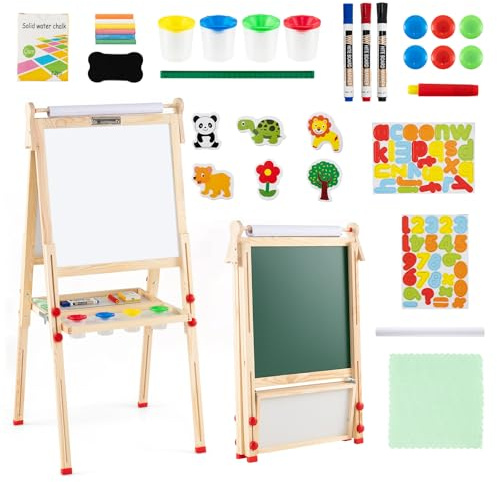 GOPLUS Höhenverstellbare Kinder Staffelei, Doppelseitige Magnettafel inkl. Whiteboard & Kreidetafel & Zeichenpapier, Klappbare Standtafel mit Komplettem Zubehör, für Kinder ab 3 Jahren