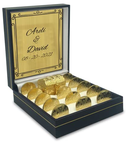 Customizable 24K Gold Plated Wedding Unity Coins with Decorative Display Case and Necklace, Treasure Box, Classic Arras Ceremony Souvenirs, Beautiful Gift Set Marriage Arras Matrimoniales (Corazon)