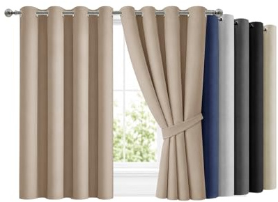 Hafaa Blackout Curtains for Bedroom 46 X 54 Inch Beige Eyelet Curtains for Living Room Super Soft Thermal Curtain & Drapes 2 Panels with Tiebacks