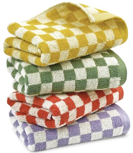 Hand Towels for Bathroom 4 Pack, Cotton Face Towels Soft Absorbent for Spa Bath Gym Kitchen, Fall Hand Towels Decorative Checkerboard, 13 x 29 Inches, 4 Colors