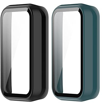 E ECSEM Case Compatible for Amazfit Band 7 Frame PC Protective Cover with Tempered Glass Film for Amazfit Band 7 Smartwatch Screen Protectors Accessories (Black&Green)