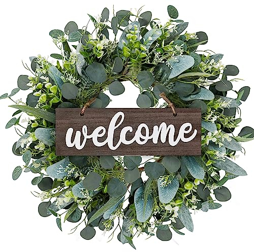 Weldomcor 55cm Large Artificial Green Eucalyptus Wreaths with Wooden Welcome Sign Spring Summer Wreath for Front Door Wedding Home Farmhouse Wall Window Porch Patio Garden Decoration, Brown