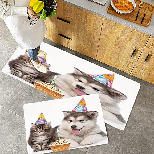 Küchenteppich Teppich Läufer Küchenläufer 2 Stück rutschfest,Geburtstagsdeko für Kinder, Hund und Katze mit Geburtstagsparty-Zapfen und Cupcake-Motiv, , Waschbar für Flur Küche 40 x 100 cm+40 x 60 cm