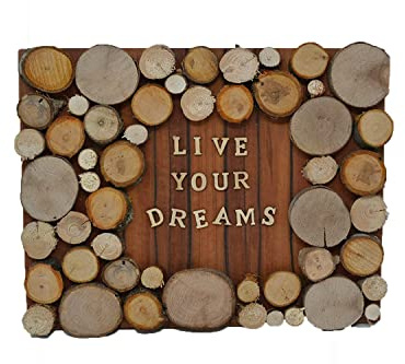 Holzbild - Holz Dekoration - Holz Dekobild - 28,5x22 cm Baumscheibenbild Dreams Schriftbild Bild - Wandbild aus Holz - Holzdeko Handarbeit Wanddeko Holzdekoration Dekoration
