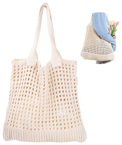 Daelesr Strandtasche Netz Klein Gehäkelt, Beach Bag, Gehäkelte Strand Tasche Damen Umhängetasche, Hohle Strickhandtasche, Crochet Beach Tote Bags für Den Täglichen Gebrauch Urlaub Picknick (Aprikose)