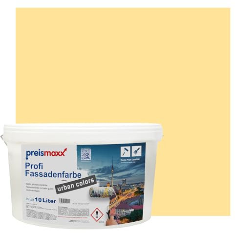 Preismaxx Profi Fassadenfarbe urban colors, bunte Außenfarbe, gelb, sonnengelb, sunlight 10L, matte, wasserabweisende Aussen-Dispersion, hohe Wasserdampfdurchlässigkeit