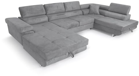 Ecksofa Aller U XXL-Ecksofa mit Schlaffunktion und Zwei Bettkästen in Grau, rechte Seite (Hellgrau)