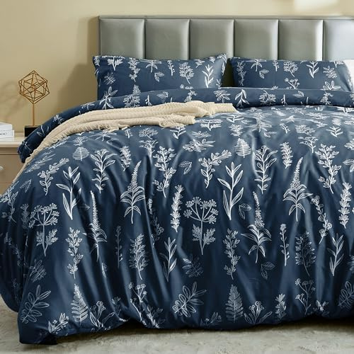MUXHOMO Duvet Cover Queen Size, 3-Piece Floral Navy Bedding Set