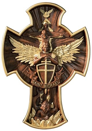BGCOPPER Saint Michael Cross Wall Decor, Wooden Holy Trinity Crucifix Wall Cross, Jesus Cross for Wall Hanging Christmas Gift (10 Inch)