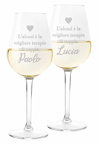 Colorfamily Coppia Calici Personalizzati SanValentino Set da 2 calici Vino L'Alcol è la Migliore Terapia Coppia Matrimonio Fidanzamento Amore Auguri 500 ml