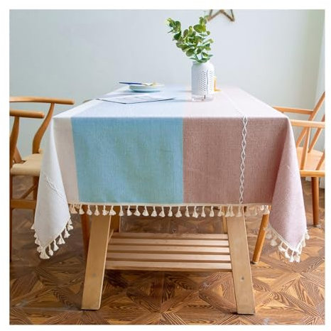 Epinki Tischdecken 140x260CM, Tischtuch Streifen mit Quaste Polyester, Tischdecke Biertisch Tischschutz für Küche, Esstisch, Couchtisch, Weiß Blau Rot