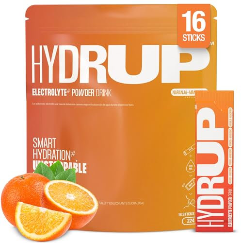 HYDRUP Electrolitos Sin Azúcar en Polvo 1733mg| Hidratación Rápida Energía Instante| Sales Minerales y Vitaminas B y C para Deporte y Calor | Sabor Naranja Mandarina |16 Sobres Sin Gluten ni Lactosa