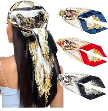 Generisch 3 Stück Satin Kopftücher für Damen, Großes Quadratisches Halstuch mit Seidengefühl, Weiche Haarbandana Schals für Haare, Hals und Tasche, Mehrfarbig