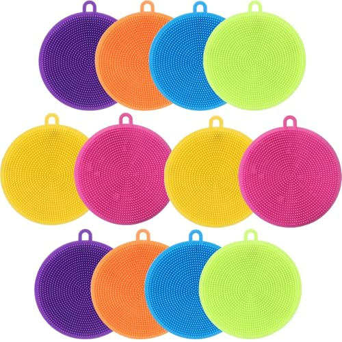 Limpiador de platos de silicona, 12 cepillos de esponja de silicona, esponjas de goma reutilizables de grado alimenticio, sin BPA, apto para lavavajillas y secado rápido, para platos de cocina,