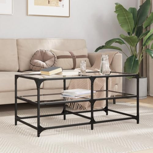 Baziroo Couchtisch mit Glasplatte 98,5x50x45 cm Telefontisch Kaffeetisch Zimmertisch Konsolentisch Sofatisch Beistelltisch Wohnzimmermöbel Holzwerkstoffe und Stahl und Glas Transparentes Glas