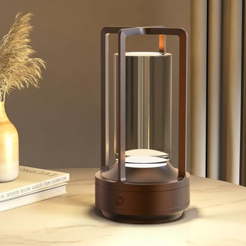 Hapfish LED Tischlampe Akku,3000mAh Aufladbar Moderne Kristall Tischleuchte | Aluminium Wasserdicht mit Griff, Tischlampen Dimmbar für Restaurant Outdoor Nachttisch Wohnzimmer(Braun)