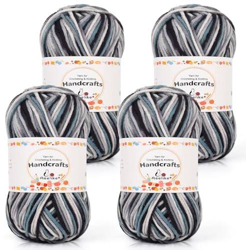 Aeelike 200g(4x50g) Farbverlauf Wolle zum Stricken, 5Ply Acrylic Baumwolle zum Häkeln, Cotton Yarn Wolle Bunt Set für Anfänger, Erfahrene Stricker, Schwarz Grau Blau