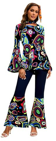Hippie Kostüm Damen, 60er 70er Jahre Outfit Abba Flower Power Kleidung Oberteil mit Ausge stellten Ärmeln, Schlaghose Haarband Hippie, Karneval Damen