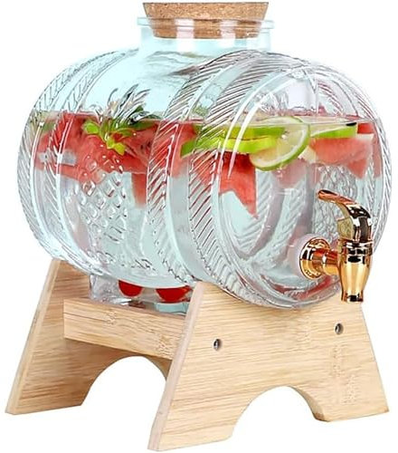 Distributore di Bevande in Vetro, distributori di Bevande ghiacciate da 1L/3L/5L con Rubinetto e Supporto in Legno, Grande Barattolo per Acqua o Cocktail, distributore di Bevande Fredde, per Feste,