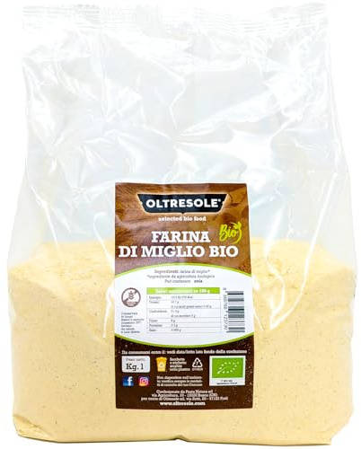 Oltresole, Farina di Miglio Bio 1 Kg, Farina Biologica di Miglio Giallo Senza Glutine, Ricca di Fibre, Proteine e Minerali, Ideale per Ricette Dolci e Salate, Vegan e Senza OGM