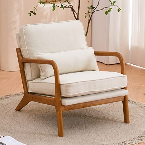Karl home Linen-Blend Armchair with Oak Arms & Lumbar Pillow – Sturdy Tub Chair for Living Room, Bedroom, Lounge (150kg Capacity, Beige