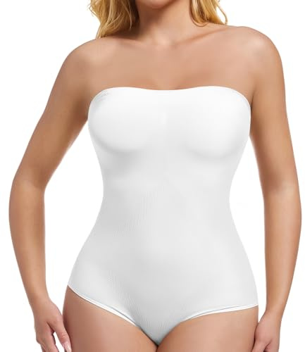 ONEW Strapless Bandeau Shapewear Bodysuit for Women Cami Bodysuit Top with Removable Spaghetti Straps Tummy Control Full Body Shaper,White,M