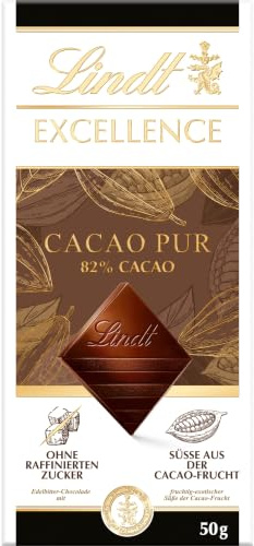 Lindt Schokolade | EXCELLENCE Cacao Pur, 50g Tafel, Edelbitter, Geschenk | Dunkle Schokolade, 82% Kakao, intensiver Geschmack, vegane Rezeptur, extra dünn, zum Teilen & Genießen, Genussmomente