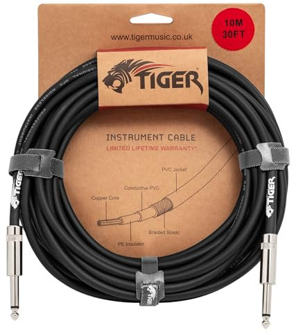 Tiger 10m (33ft) Guitar Instrument Cable – 1/4” Mono Jack to Jack Lead, Copper Connectors, Shielded Low-Noise Cable for Electric Guitar, Bass, Keyboard, Amp