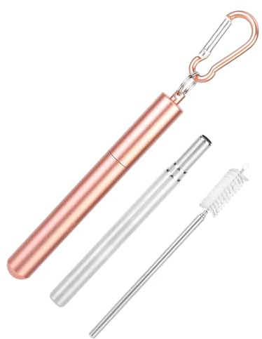 Acouto Paja de Acero Inoxidable Telescópico Paja Reutilizable Duradera para Beber té de Leche de café, Portátil y Elegante para Viajar (PINK)