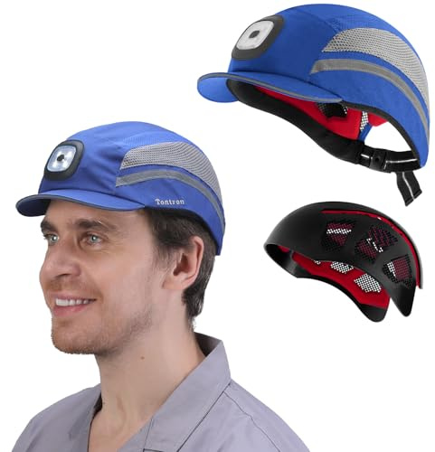 Tontron Lightweight Bump Cap with Reflective Stripes, Breathable Baseball Cap Style, Head Protection Hard Hat for Men Women (Blue with Light, Small)