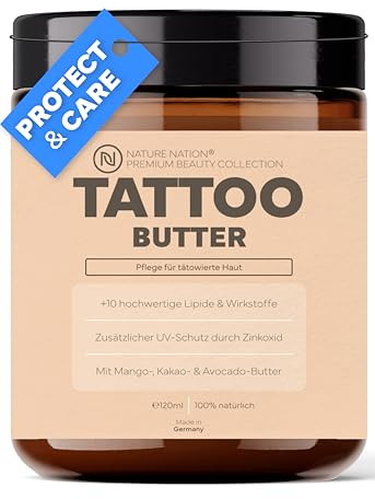 Tattoo Butter: Tattoo Creme für tägliche Pflege & Schutz, mit Arganöl, Aloe Vera; Feuchtigkeitsspendend & UV-Schutz; 100% natürlich, mit Zink, Shea Butter, Kokos, Kamille, Kokos & Rosmarinöl